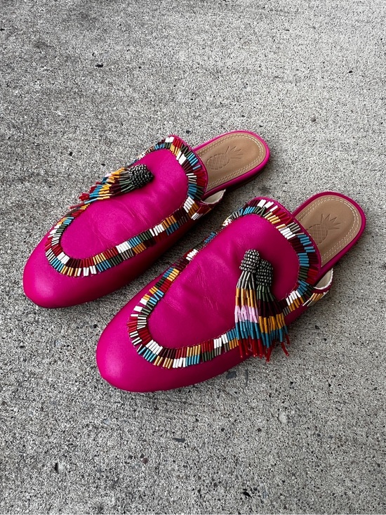 FARM Rio Shoes - FARM Rio Hot Pink Beaded Tassel Slide Mules Size 8